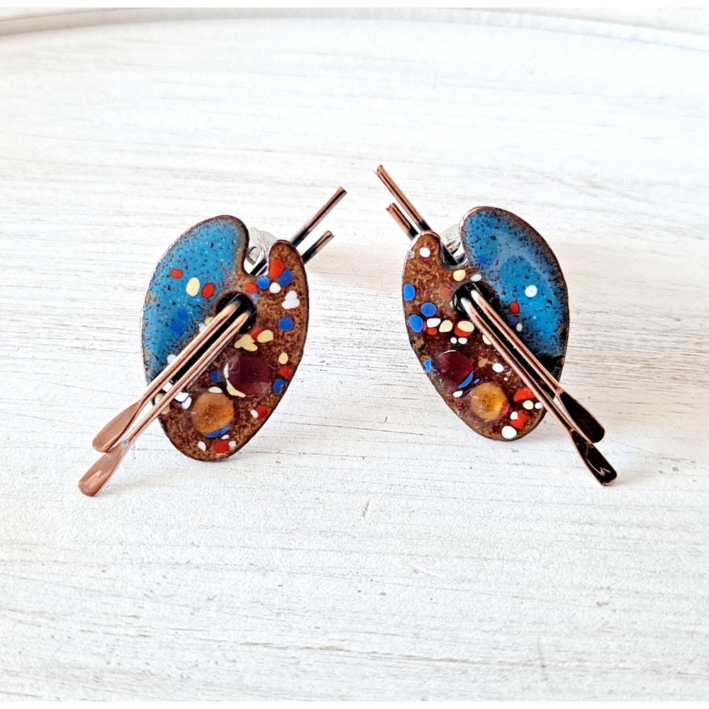 Vintage Renoir Matisse Copper Clip-on Earrings Artist Palette Design - Picture 4 of 9
